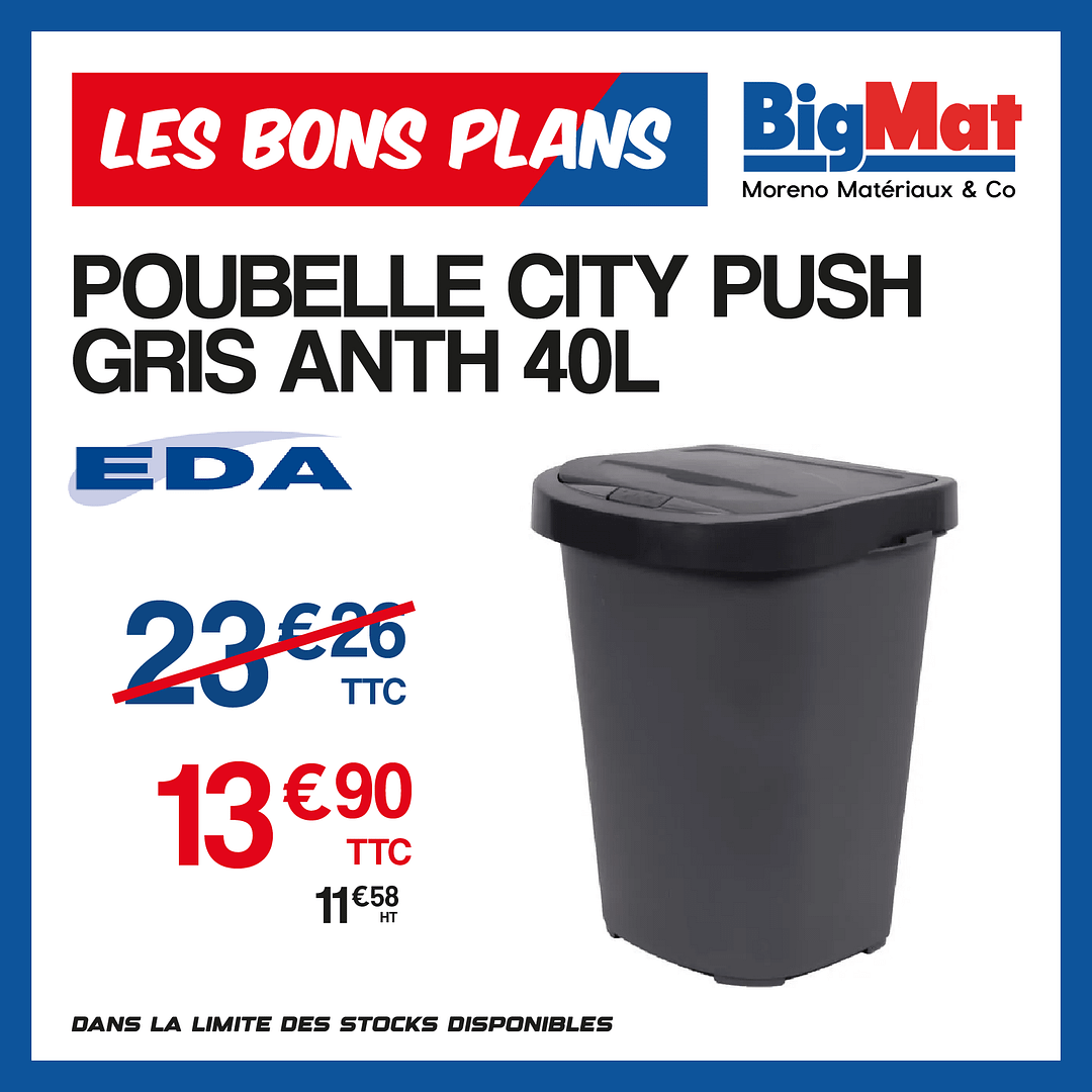 POUBELLE CITY PUSH GRIS ANTH 40L